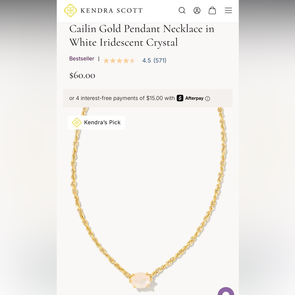 Brand New Kendra Scott Cailin Gold Pendant Necklace in White Iridescent Crystal